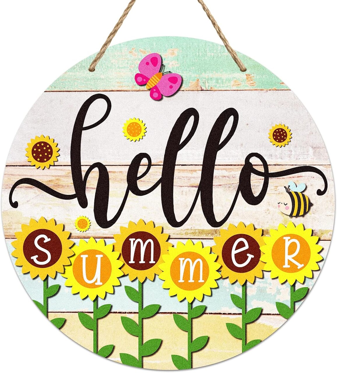 Hello Summer Door Sign: 11.8" Farmhouse Sunflower Summer Front Door Decor Sign Welcome Summer Hanging Sign for Home Wall Front Door Kitchen Office Decorations